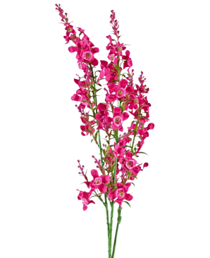 Artificiell blomma kattmynta 75 cm rosa har en stjälk av levande rosa konstgjorda blommor med gröna blad, isolerade på en vit bakgrund.