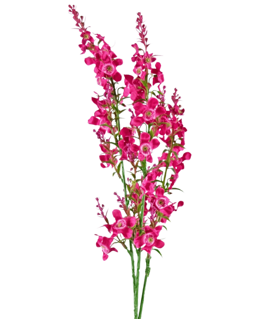 Artificiell blomma kattmynta 75 cm rosa har en stjälk av levande rosa konstgjorda blommor med gröna blad, isolerade på en vit bakgrund.