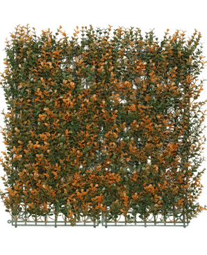 Artificiell häck Buxus orange 50x50 cm UV är en fyrkantig konstgjord panel med grönt och orange löv på ett plastgaller, idealisk som en dekorativ häck eller avskildhetsskärm, som visas här mot en vanlig vit bakgrund.