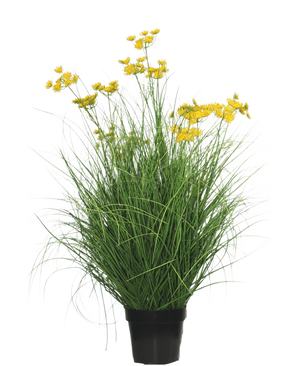 Konstgräsväxten Asteraceae 90 cm brandskyddsmedel har långa, smala gräsliknande blad och klasar av små, ljusgula blommor på långa stjälkar, mot en vanlig vit bakgrund.