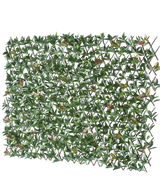 Artificiell Hedge Photonia Extendable 200x100 cm är ett rektangulärt utdragbart staket med konstgjorda gröna blad och rosa blommor, avbildat mot en vit bakgrund.