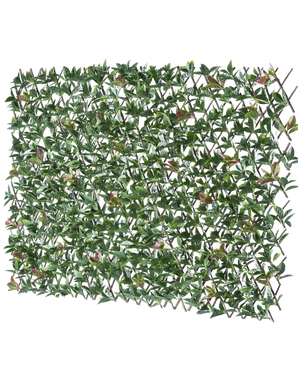 Artificiell Hedge Photonia Extendable 200x100 cm är ett rektangulärt utdragbart staket med konstgjorda gröna blad och rosa blommor, avbildat mot en vit bakgrund.