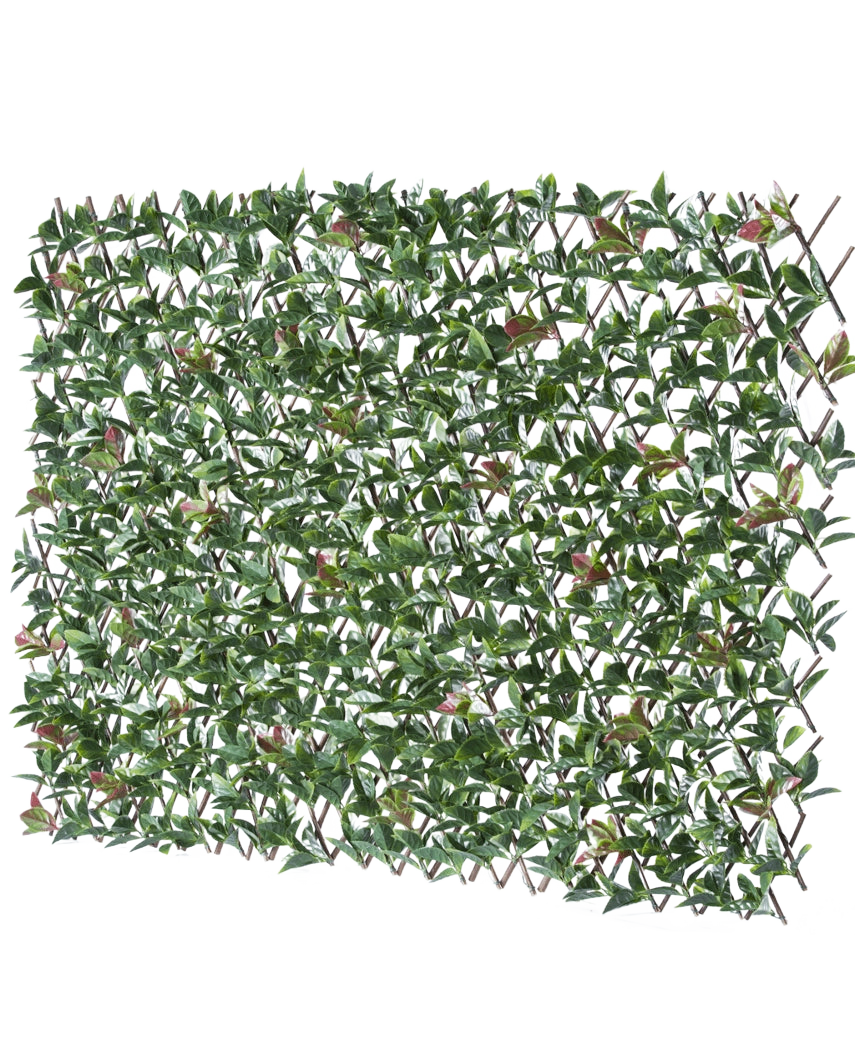 Artificiell Hedge Photonia Extendable 200x100 cm är ett rektangulärt utdragbart staket med konstgjorda gröna blad och rosa blommor, avbildat mot en vit bakgrund.