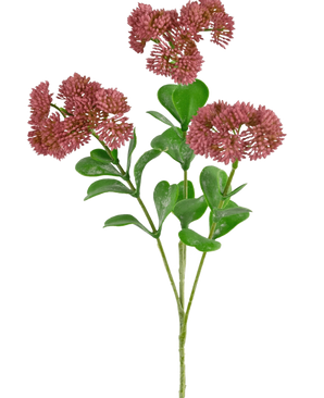 Een Kunsttak Sedum 56 cm roze met groen blad en trosjes kleine, ronde, piekerige rozerode bloemen tegen een witte achtergrond.