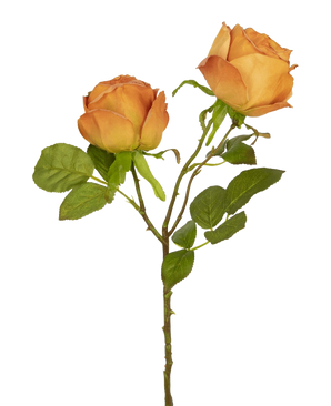 Artificiell Rose Deluxe 55 cm persika har två persikofärgade konstgjorda rosor på en stjälk med gröna blad, perfekt för blomdekoration eller som eleganta konstgjorda sidenblommor.