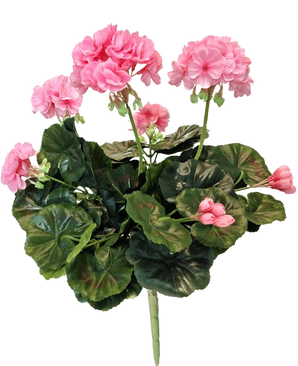 Den konstgjorda Pelargonen 40 cm rosa har rosa blommor och runda gröna blad på långa stjälkar, som visar skönheten hos en konstgjord rosa växt eller falsk pelargon mot en vit bakgrund.