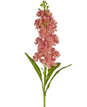 De Kunstbloem Violier 78 cm roze is een kunstroze stockbloem met meerdere bloesems en groene bladeren, gepresenteerd tegen een witte achtergrond.