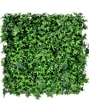 De Kunsthaag Klimop 50x50 cm UV is een vierkant paneel dicht bedekt met levendige groene kunstmatige klimopbladeren, die een weelderige, natuurlijke uitstraling geven tegen elke effen achtergrond.