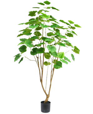 Den konstgjorda växten Ficus 180 cm är en hög krukväxt i kruka med flera smala bruna stjälkar och stora gröna blad, avbildad mot en vanlig vit bakgrund.