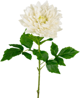 En Kunst Georgine Real Touch vit 70 cm har en verklighetstrogen enkel vit dahlia med skiktade kronblad och grönt tandade blad på en lång stjälk, mot en vanlig vit bakgrund.