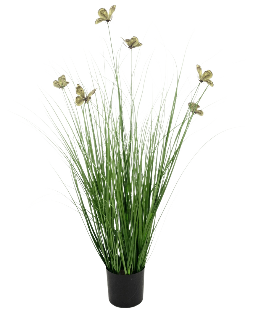 Konstgräsfjärilslökgräskrukan 90cm Brandskyddsmedel har långa, tunna gröna konstgräsblad och gulaktiga blommor på långa stjälkar, presenterade i en kruka mot en vanlig vit bakgrund.