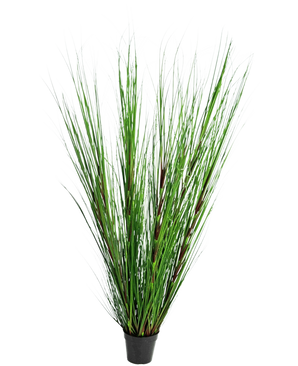 Konstgräsplantan Lök 150 cm brandskyddsmedel har långa, tunna, upprättstående gröna gräsliknande blad och långa stjälkar, mot en vanlig vit bakgrund.