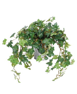 Artificiell murgröna Deluxe grön i kruka 40 cm UV har frodiga, gröna, hjärtformade blad och långa, slingrande rankor som växer över krukans sidor. Avbildad mot en vanlig vit bakgrund.