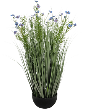 Konstgräslila Gesang Flower lök gräskruka (90cm, brandskyddande) har högt, tunt grönt konstgräs och känsliga ljuslila blommor i en svart kruka, mot en vit bakgrund.