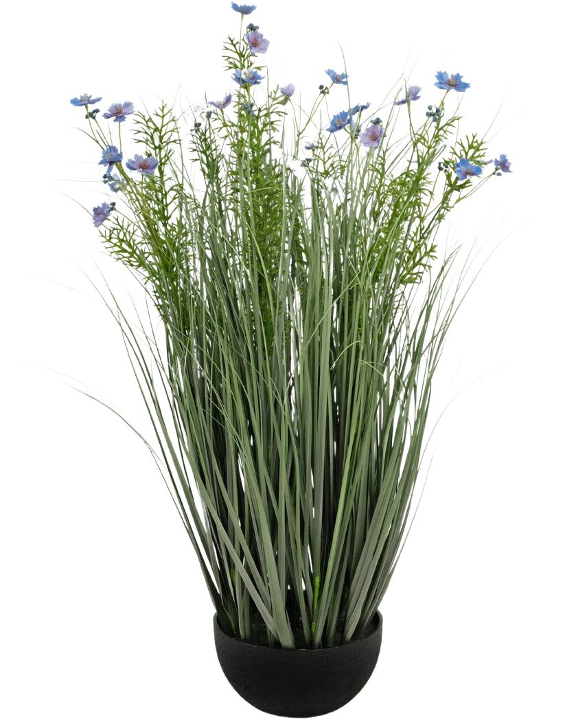 Konstgräslila Gesang Flower lök gräskruka (90cm, brandskyddande) har högt, tunt grönt konstgräs och känsliga ljuslila blommor i en svart kruka, mot en vit bakgrund.