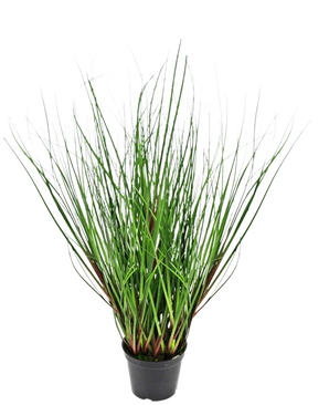 Konstgräsplantan Lök 50 cm brandskyddsmedel har långa, tunna, gröna gräsliknande blad som växer upprätt och kröker sig utåt från mitten, presenterade i en svart plastkruka mot en vit bakgrund.