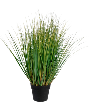 Konstgräslökgräsbonsai med kruka är en 70 cm hög, brandhämmande konstgräsplanta med långa gröna blad i en svart kruka, mot en vanlig vit bakgrund.