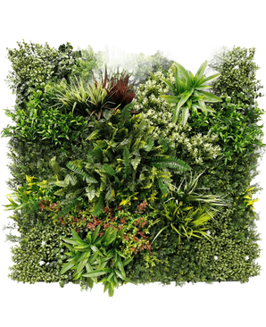 Artificiell Hedge Prestiage 100x100 cm UV är en tät vertikal trädgårdspanel med olika gröna växter och bladverk i ett kvadratiskt arrangemang, med olika bladformer, storlekar och gröna nyanser.