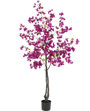 Artificiell Bougainvillea 180 cm Lila har mörka grenar, livfulla lila blommor och gröna blad i en svart kruka - perfekt som en färgglad konstgjord växt för ditt vardagsrum.
