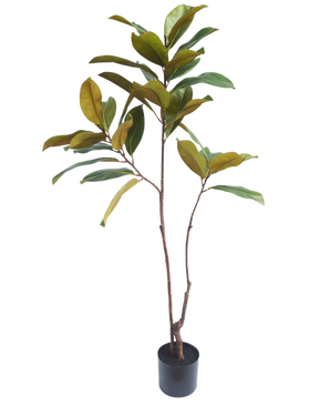 Det konstgjorda Yulania-trädet 120 cm har smala bruna stjälkar och breda gröngula blad, som ser realistiska ut och framhäver alla rum mot en vanlig vit bakgrund.
