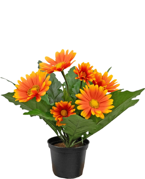 Artificiell Gerbera UV 28 cm orange växt har konstgjorda orange och gula tusensköna-liknande blommor med gröna blad i en svart kruka, perfekt för att lysa upp alla utrymmen.
