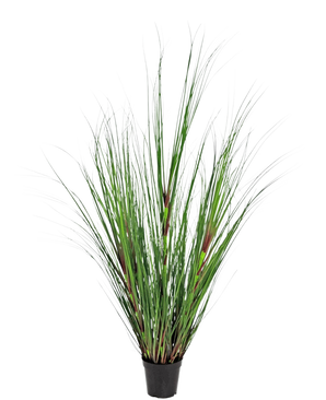 Konstgräsplantan Lök 120 cm brandskyddsmedel har långa, tunna gröna blad med rödbruna accenter, presenterade i en kruka mot en vanlig vit bakgrund.