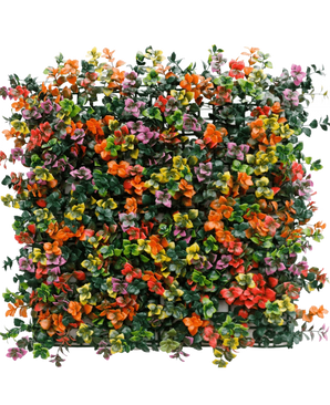 De Kunsthaag Pachysandra multi-color 50x50 cm UV is een vierkant paneel met dichte kunstgroene bladeren en kleine oranje, roze, gele en paarse bloemen voor een kleurrijk, levendig verticaal tuineffect.