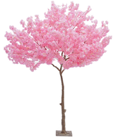 Det konstgjorda trädet Cherry Blossom Pink 270 cm är en hög konstgjord julgran med en smal brun stam och täta klasar av livfulla rosa blommor mot en vanlig vit bakgrund.