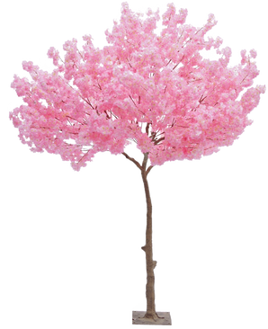 Det konstgjorda trädet Cherry Blossom Pink 270 cm är en hög konstgjord julgran med en smal brun stam och täta klasar av livfulla rosa blommor mot en vanlig vit bakgrund.