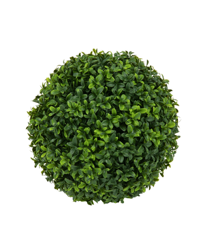 Ovanifrån av den konstgjorda växten Buxbom romersk stil UV D30cm, en rund, tät konstgjord buxbom boll med gröna blad, mot en vanlig vit bakgrund.
