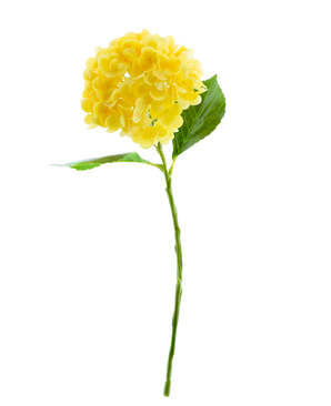 Den konstgjorda blomman Charlotte Hydrangea Real Touch Yellow 49 cm har en enda gul hortensia med gröna blad och en lång stjälk, mot en vanlig vit bakgrund.
