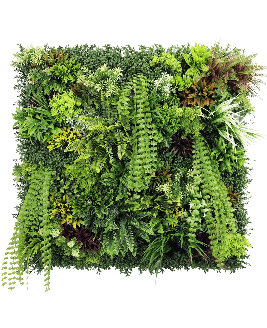 Artificiell Hedge Lush Deco Deluxe 100x100 cm UV är en kvadratisk vertikal trädgårdspanel med tät, strukturerad grönska med en blandning av lövväxter, ormbunkar och gräs - perfekt för att skapa en levande naturlig visning mot en vit bakgrund.