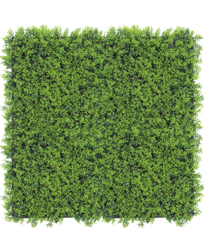 De Kunsthaag Cupressus 50x50 cm UV is een dicht, heldergroen kunstpaneel met kleine blaadjes, dat lijkt op een weelderige, goed getrimde haag of verticale tuin, perfect om groen toe te voegen aan elke ruimte.