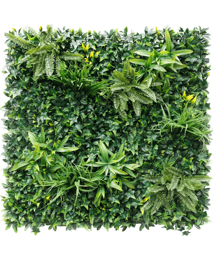 Artificiell Hedge Volta 100x100 cm UV är en fyrkantig grön vägg med tätt konstgjort bladverk, med olika bladväxter som ormbunkar och små gula blommor, arrangerade på en frodig bakgrund.