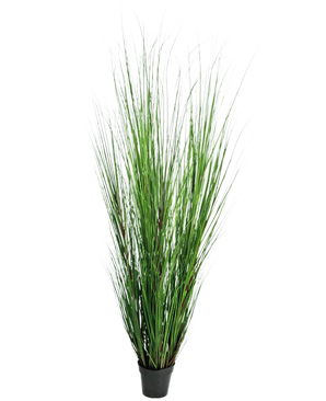 Konstgräsplantan Lök 170 cm är en hög, brandskyddande konstgräsplanta med långa, tunna gröna blad i en kompakt svart kruka, avbildad mot en vanlig vit bakgrund.