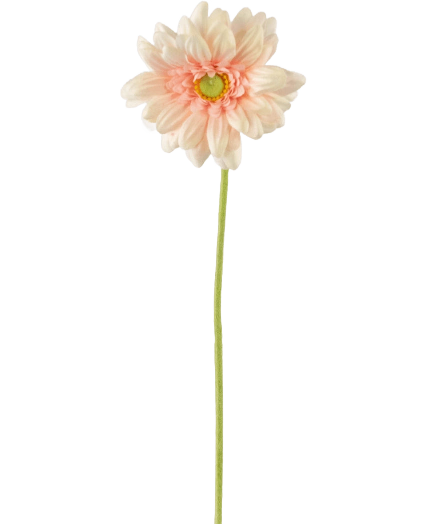 Artificiell blomma Gerbera mini 47 cm mjuk rosa är en konstgjord ljusrosa prästkrage med mjuka, skiktade kronblad och ett gult hjärta på en lång grön stjälk, mot en vanlig vit bakgrund.