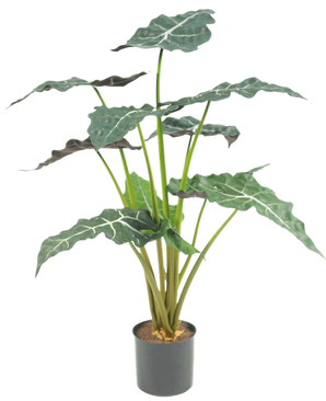 Den konstgjorda växten Alocasia UV 67 cm är en konstgjord krukväxt med stora, mörkgröna, pilformade blad och slående vita ådror, avbildad mot en vanlig vit bakgrund.