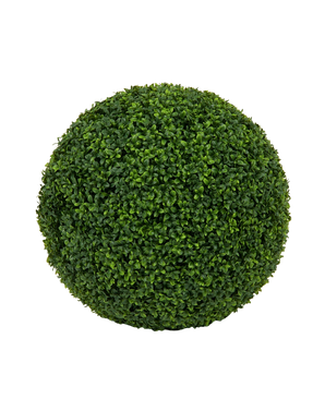 En tät, rund konstgjord växt buxbom romersk stil UV D55cm topiary av konstgjorda gröna buxbom blad mot en vanlig vit bakgrund.
