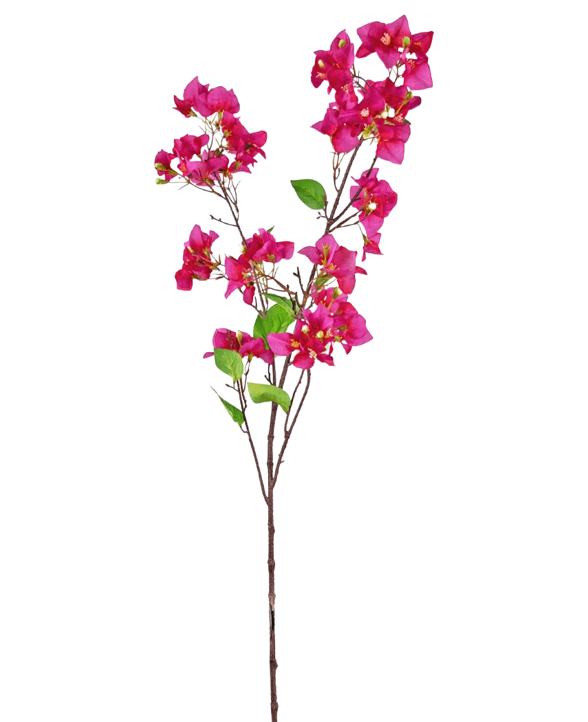 Konstgjorda blomman Bougainvillea 120 cm rosa har en enda gren med flera klasar av ljust rosa blommor och gröna blad på en smal brun stjälk, mot en vit bakgrund.