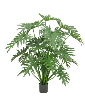 En konstgjord växt Philodendron 125 cm med stora, gröna, djupt kluvna blad mot vit bakgrund.