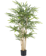 Den konstgjorda bambuväxten 150 cm brandskyddsmedel har höga, ljusbruna stjälkar och frodiga gröna blad. Det ger bestående skönhet och ökad brandsäkerhet till alla inomhusutrymmen, som visas här mot en vanlig vit bakgrund.