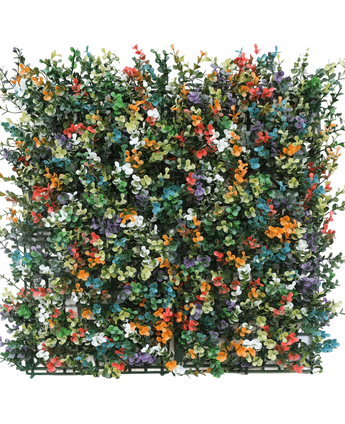 De Kunsthaag Buxus multi-color 50x50 cm UV is een vierkant paneel van dichte kunst buxus met kleine blaadjes en trosjes oranje, witte, rode, gele, paarse en blauwe bloemen op een groene kunststof rasterachtergrond.