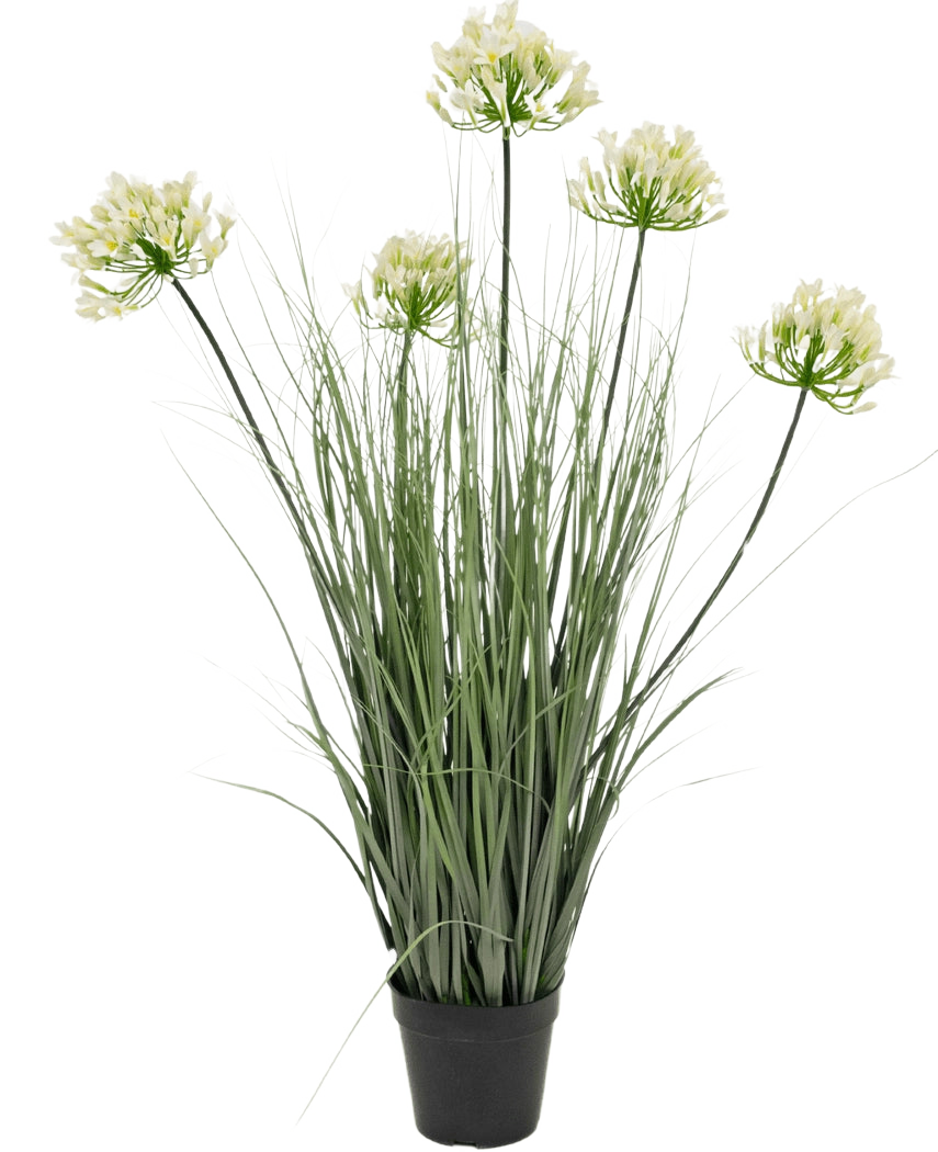 Konstgräs vit Agapanthus lök gräskruka 90cm brandskyddande är en konstgjord växt i kruka med höga gröna blad och sex knippen av små, ljusgula blommor på långa stjälkar, mot en vanlig vit bakgrund.