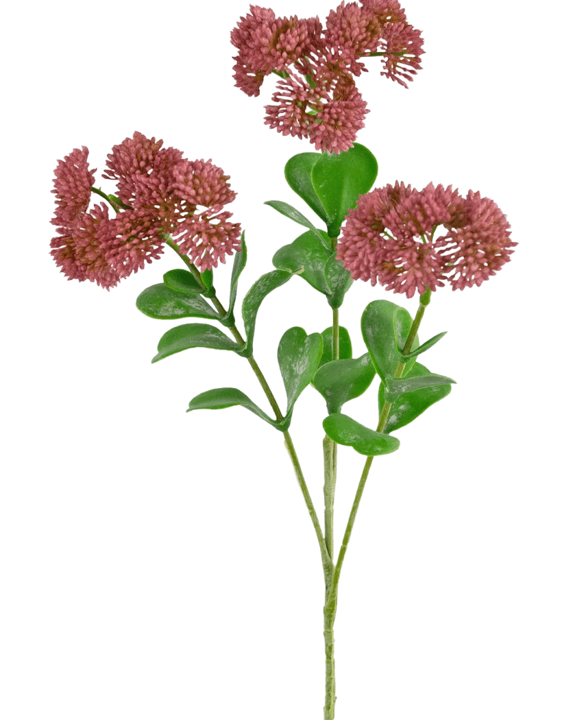 En konstgjord gren Sedum 56 cm rosa med gröna blad och klasar av små, runda, rutiga rosa-röda blommor mot vit bakgrund.