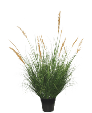 En konstgräsväxt struts 120 cm märkesfördröjande, med långa gröna blad och höga gyllene plymer, mot en vanlig vit bakgrund.