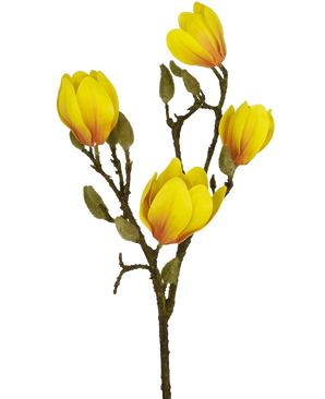Artificiell blomma Magnolia 50 cm gul/orange, med flera klargula och orange blommor med gröna knoppar, framstår som en slående konstgjord blomdekoration mot en vanlig vit bakgrund.