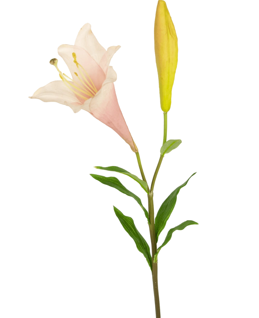 Artificiell blomma exotisk lilja 74 cm rosa har en enda stjälk med en blommande ljusrosa lilja och en sluten gul knopp, omgiven av smala gröna blad, mot en vit bakgrund.