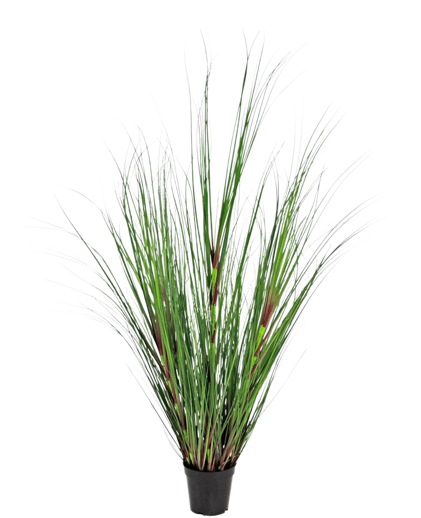 Konstgräsplantan Lök 120 cm brandskyddsmedel har långa, tunna gröna blad med rödbruna accenter, presenterade i en kruka mot en vanlig vit bakgrund.