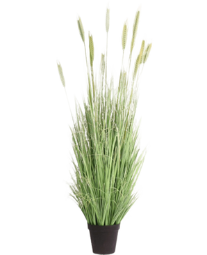 Konstgräsväxten Grön 180 cm brandskyddsmedel har långa, smala gröna blad och veteliknande öron i en svart kruka - perfekt för snygg inredning och extra säkerhet.