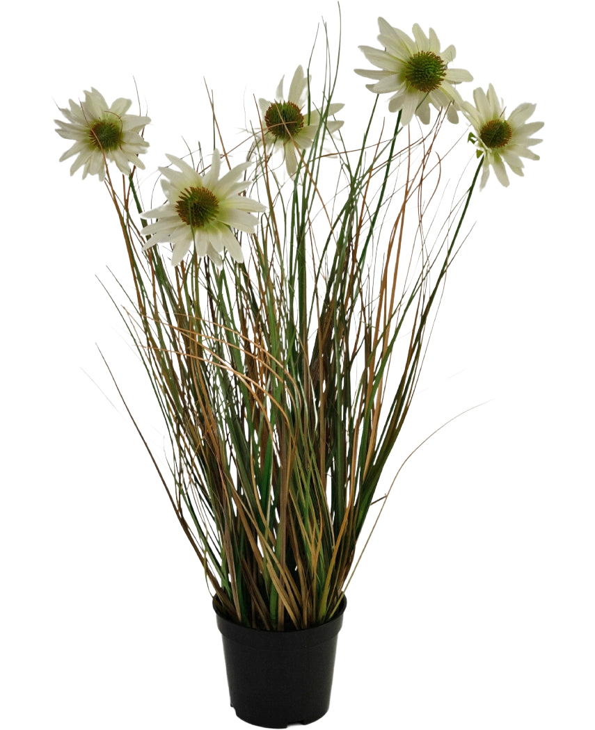Konstgräskrysantemumlökkrukan 60 cm brandskyddsmedel har långa, tunna gröna och bruna blad med flera höga stjälkar toppade med vita tusensköna-liknande blommor med ett gult hjärta.
